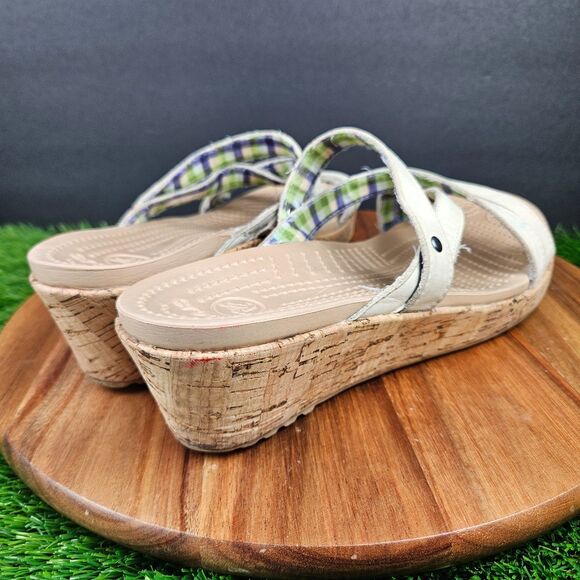 Crocs A Leigh Sandals Womens 10 Strappy Beige Slip On Casual Wedge Heels 11847 - Picture 3 of 13